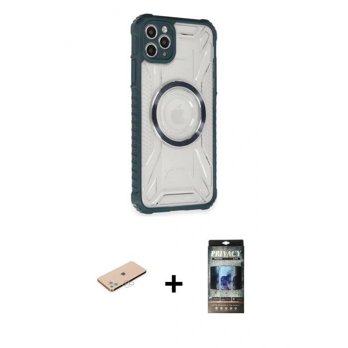 MARSİLYAN™- iPhone 11 Pro Max Kılıf Kutup Modern - Siyah 34D Hayalet Izgaralı Cam + Mavi Renkli Kamera Lens Koruma Cam