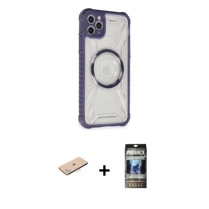 MARSİLYAN™- iPhone 11 Pro Max Kılıf Kutup Modern - Siyah 34D Hayalet Izgaralı Cam + Mavi Renkli Kamera Lens Koruma Cam