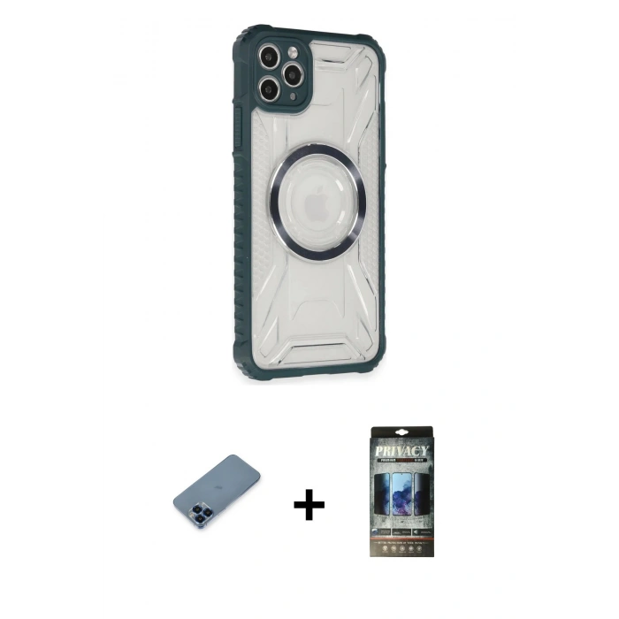 MARSİLYAN™- iPhone 11 Pro Max Kılıf Kutup Modern - Siyah 34D Hayalet Izgaralı Cam + Metal Kamera Lens Koruma Cam - MI