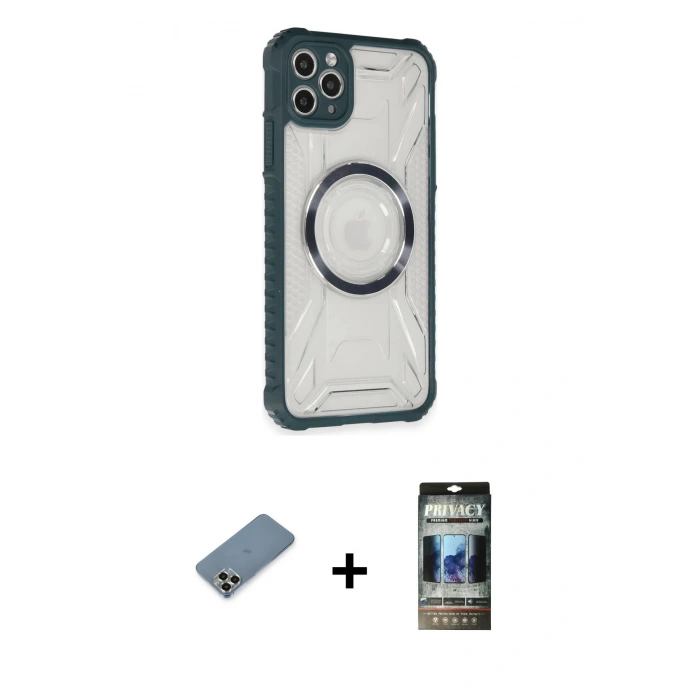 MARSİLYAN™- iPhone 11 Pro Max Kılıf Kutup Modern - Siyah 34D Hayalet Izgaralı Cam + Metal Kamera Lens Koruma Cam - GD