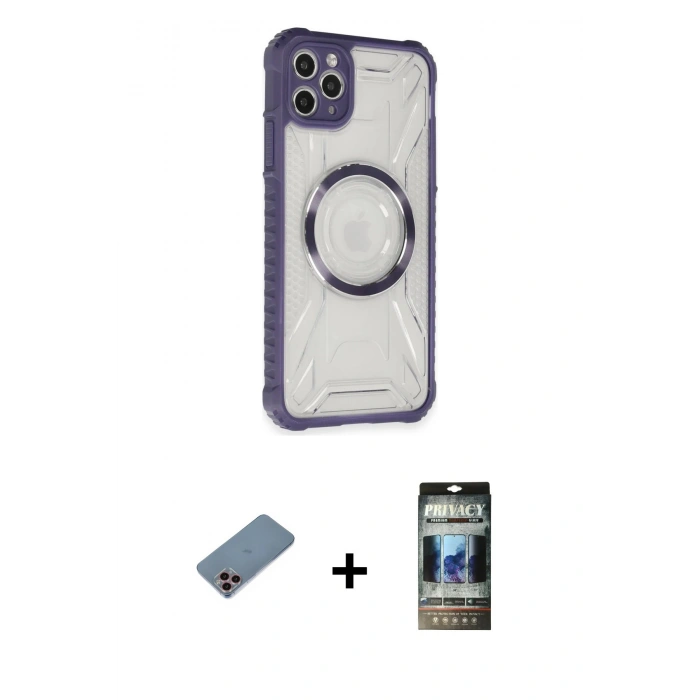 MARSİLYAN™- iPhone 11 Pro Max Kılıf Kutup Modern - Siyah 34D Hayalet Izgaralı Cam + Shine Kamera Lens Koruma Cam - PE