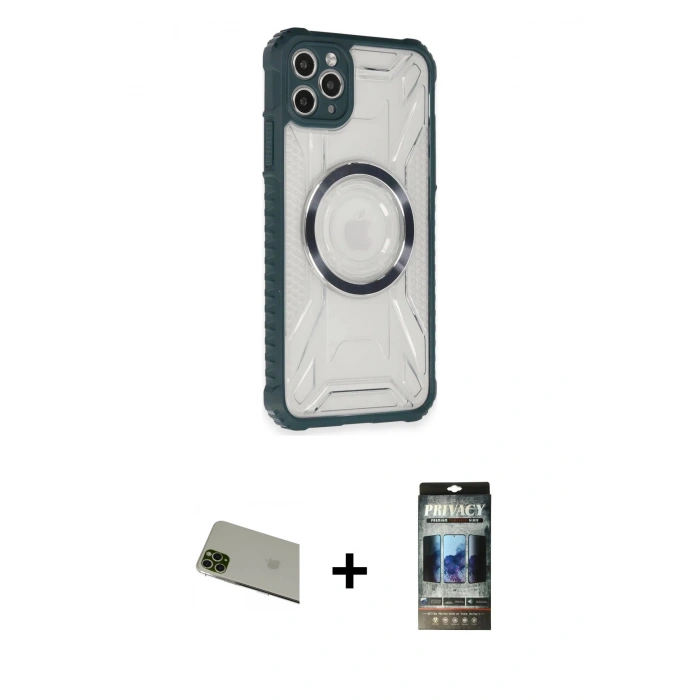 MARSİLYAN™- iPhone 11 Pro Max Kılıf Kutup Modern - Siyah 34D Hayalet Izgaralı Cam + Rainbow Kamera Lens Koruma Cam - YL