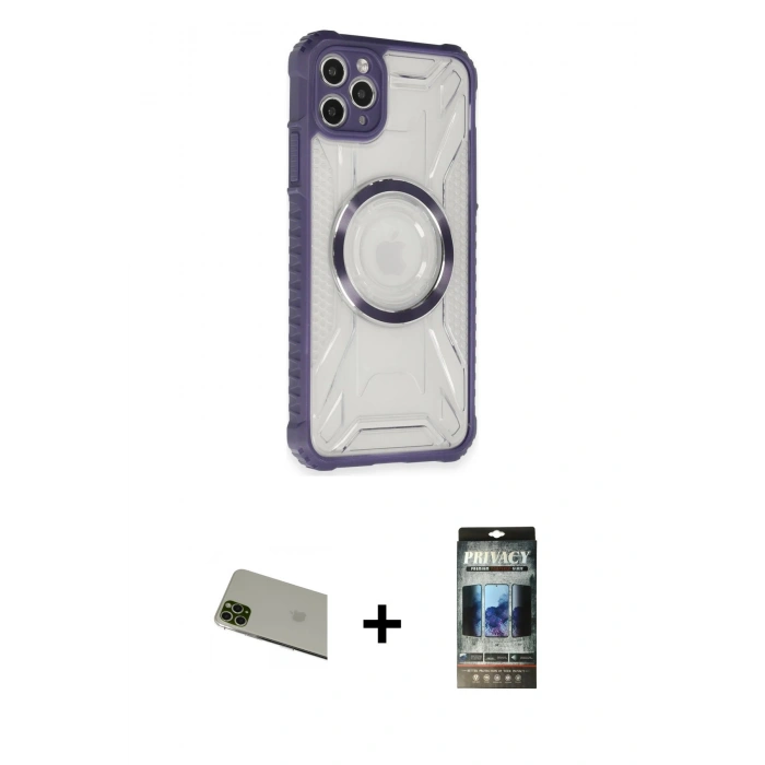 MARSİLYAN™- iPhone 11 Pro Max Kılıf Kutup Modern - Siyah 34D Hayalet Izgaralı Cam + Rainbow Kamera Lens Koruma Cam - YL
