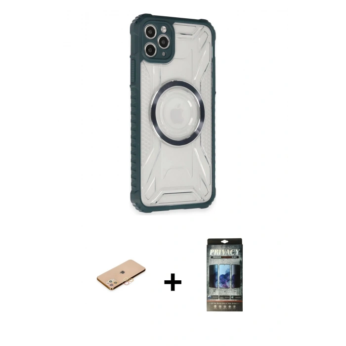 MARSİLYAN™- iPhone 11 Pro Max Kılıf Kutup Modern - Siyah 34D Hayalet Izgaralı Cam + Renkli Kamera Lens Koruma Cam - TU