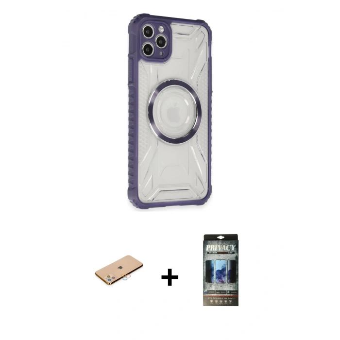 MARSİLYAN™- iPhone 11 Pro Max Kılıf Kutup Modern - Siyah 34D Hayalet Izgaralı Cam + Renkli Kamera Lens Koruma Cam - PE
