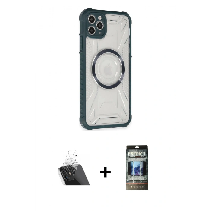 MARSİLYAN™- iPhone 11 Pro Max Kılıf Kutup Modern - Siyah 34D Hayalet Izgaralı Cam + Şeffaf Kamera Lens Koruma Cam