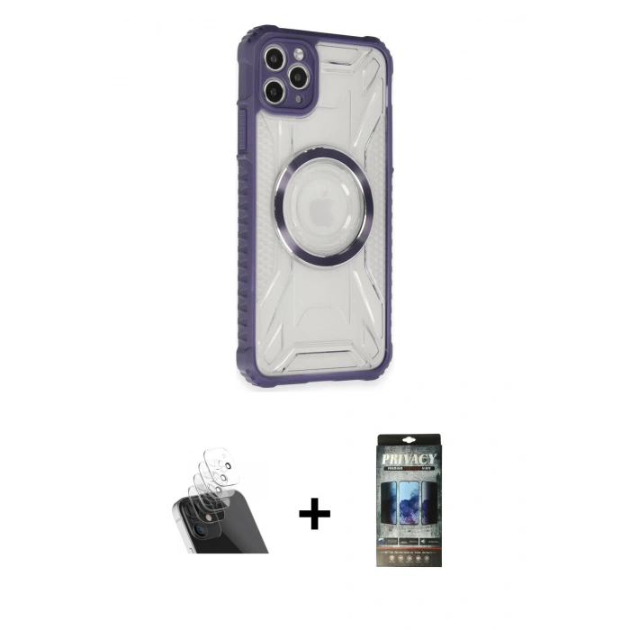 MARSİLYAN™- iPhone 11 Pro Max Kılıf Kutup Modern - Siyah 34D Hayalet Izgaralı Cam + Şeffaf Kamera Lens Koruma Cam