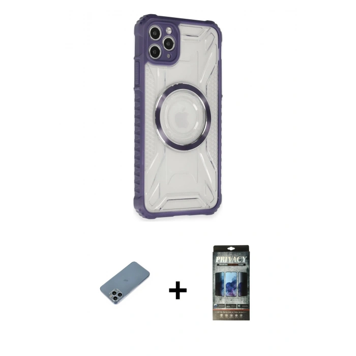 MARSİLYAN™- iPhone 11 Pro Max Kılıf Kutup Modern - Siyah 34D Hayalet Izgaralı Cam + Shine Kamera Lens Koruma Cam - SABE