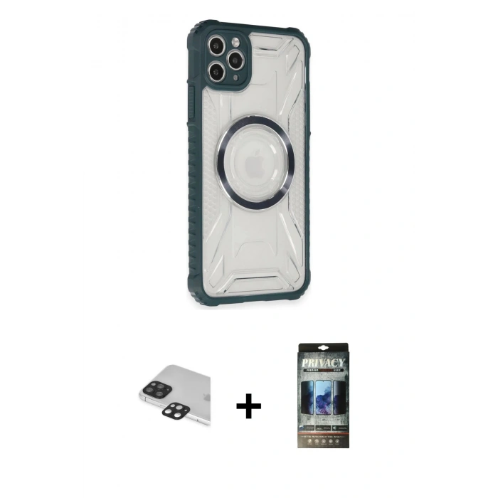 MARSİLYAN™- iPhone 11 Pro Max Kılıf Kutup Modern - Siyah 34D Hayalet Izgaralı Cam + Pers Alüminyum Kamera Lens - SH