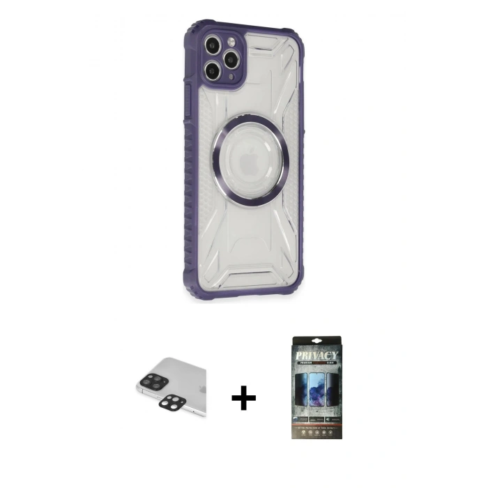 MARSİLYAN™- iPhone 11 Pro Max Kılıf Kutup Modern - Siyah 34D Hayalet Izgaralı Cam + Pers Alüminyum Kamera Lens - SH