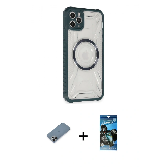 MARSİLYAN™- iPhone 11 Pro Max Kılıf Kutup Modern - Siyah 34D Izgaralı Cam + Metal Kamera Lens Koruma Cam - GS
