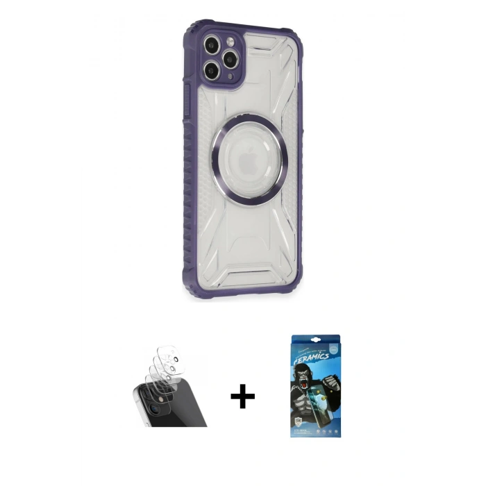 MARSİLYAN™- iPhone 11 Pro Max Kılıf Kutup Modern - Siyah 34D Izgaralı Cam + Kamera Lens Koruma Cam - SF