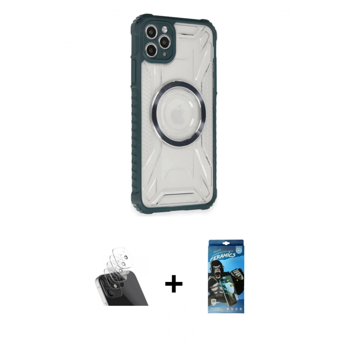 MARSİLYAN™- iPhone 11 Pro Max Kılıf Kutup Modern - Siyah 34D Izgaralı Cam + Kamera Lens Koruma Cam - SF