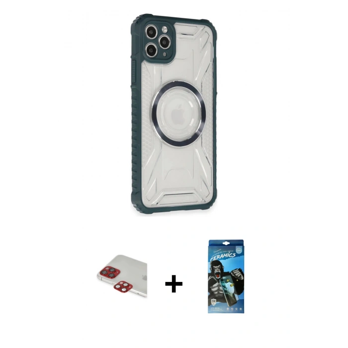 MARSİLYAN™- iPhone 11 Pro Max Kılıf Kutup Modern - Siyah 34D Izgaralı Cam + Pers Alüminyum Kamera Lens - KI