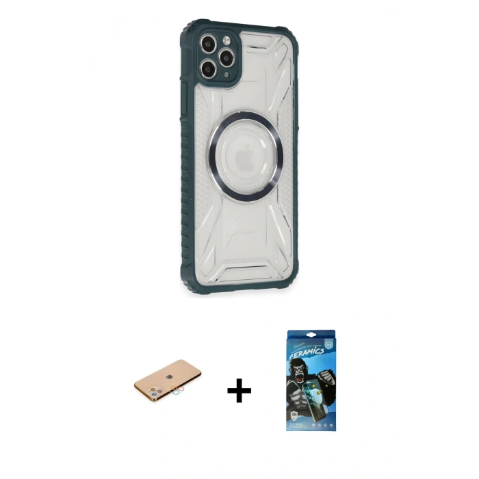 MARSİLYAN™- iPhone 11 Pro Max Kılıf Kutup Modern - Siyah 34D Izgaralı Cam + Pembe Renkli Kamera Lens Koruma Cam