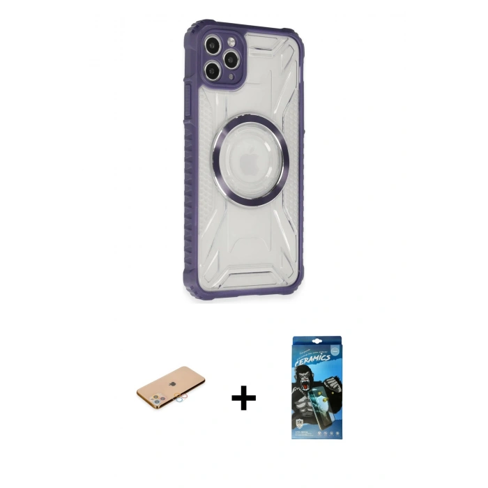 MARSİLYAN™- iPhone 11 Pro Max Kılıf Kutup Modern - Siyah 34D Izgaralı Cam + Pembe Renkli Kamera Lens Koruma Cam