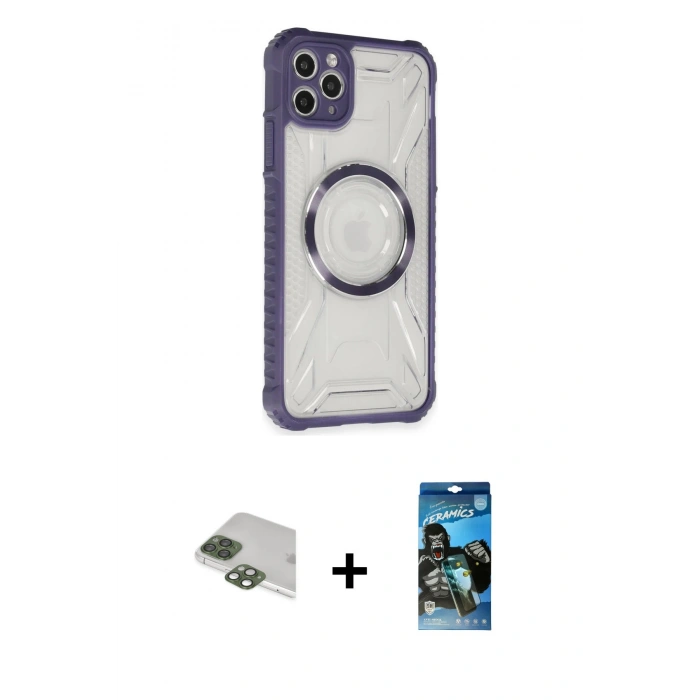 MARSİLYAN™- iPhone 11 Pro Max Kılıf Kutup Modern - Siyah 34D Izgaralı Cam + Pers Alüminyum Kamera Lens - YL