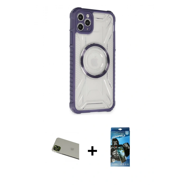 MARSİLYAN™- iPhone 11 Pro Max Kılıf Kutup Modern - Siyah 34D Izgaralı Cam + Rainbow Kamera Lens Koruma Cam - YL