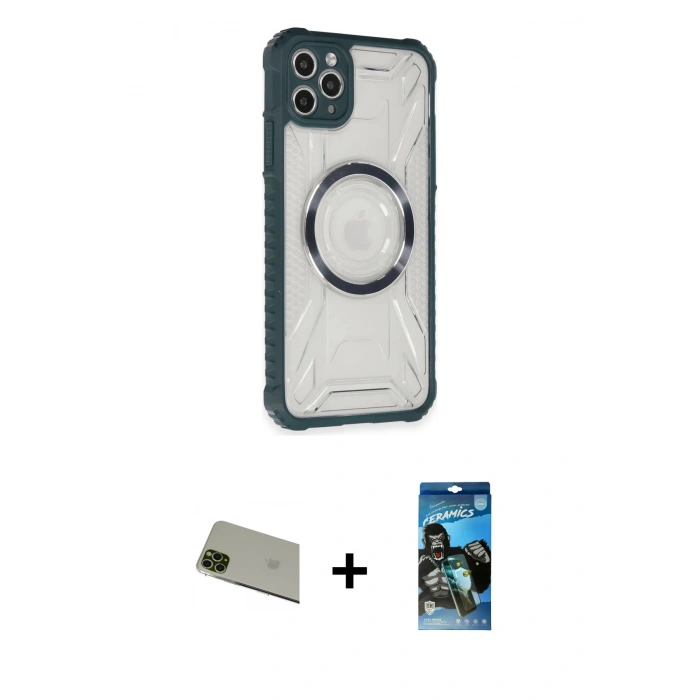 MARSİLYAN™- iPhone 11 Pro Max Kılıf Kutup Modern - Siyah 34D Izgaralı Cam + Rainbow Kamera Lens Koruma Cam - YL