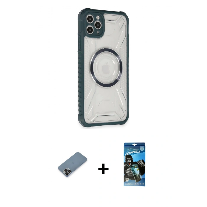 MARSİLYAN™- iPhone 11 Pro Max Kılıf Kutup Modern - Siyah 34D Izgaralı Cam + Metal Kamera Lens Koruma Cam - SH