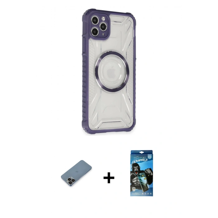 MARSİLYAN™- iPhone 11 Pro Max Kılıf Kutup Modern - Siyah 34D Izgaralı Cam + Metal Kamera Lens Koruma Cam - SH