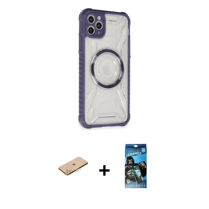 MARSİLYAN™- iPhone 11 Pro Max Kılıf Kutup Modern - Siyah 34D Izgaralı Cam + Turuncu Renkli Kamera Lens Koruma Cam