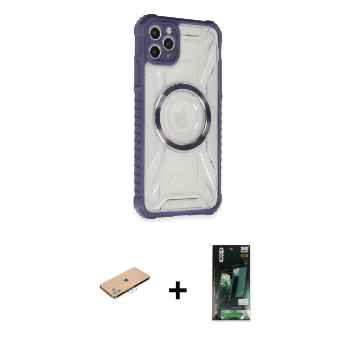 MARSİLYAN™- iPhone 11 Pro Max Kılıf Kutup Modern - Siyah 360 Mat Full Body Arka Koruyucu + Renkli Kamera Lens Koruma Cam - PE