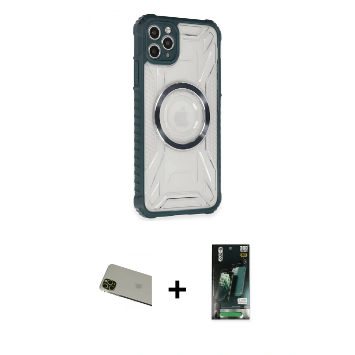 MARSİLYAN™- iPhone 11 Pro Max Kılıf Kutup Modern - Siyah 360 Mat Full Body Arka Koruyucu + Rainbow Kamera Lens Koruma Cam - YL