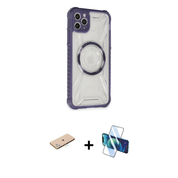 MARSİLYAN™- iPhone 11 Pro Max Kılıf Kutup Modern - Siyah 3D Antistatik Cam Ekran Koruyucu + Renkli Kamera Lens Koruma Cam - MI