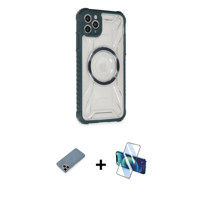 MARSİLYAN™- iPhone 11 Pro Max Kılıf Kutup Modern - Siyah 3D Antistatik Cam Ekran Koruyucu + Metal Kamera Lens Koruma Cam - MR