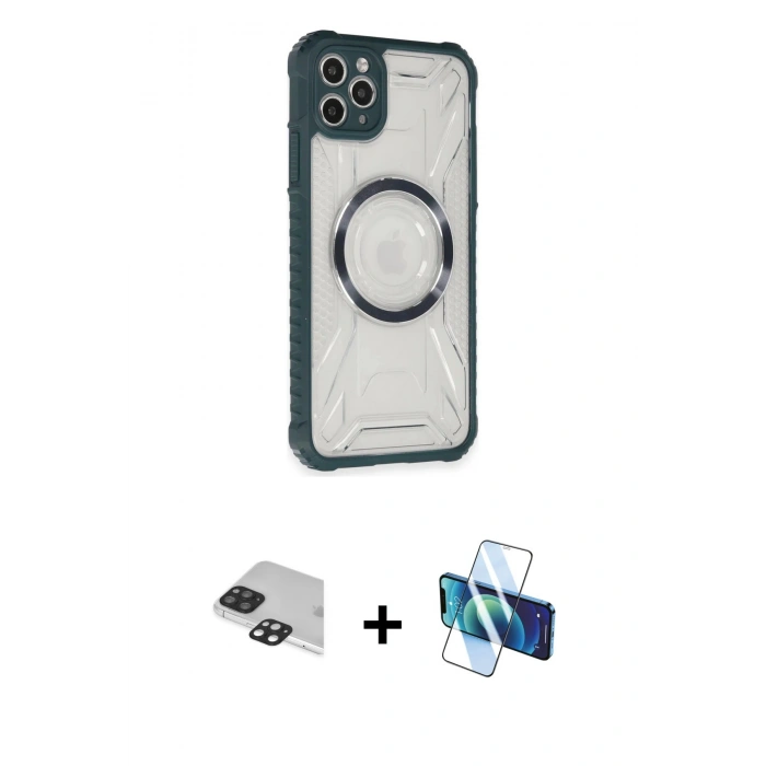 MARSİLYAN™- iPhone 11 Pro Max Kılıf Kutup Modern - Siyah 3D Antistatik Cam Ekran Koruyucu + Pers Alüminyum Kamera Lens - SH