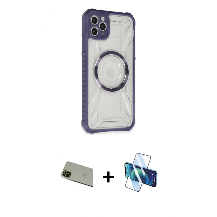 MARSİLYAN™- iPhone 11 Pro Max Kılıf Kutup Modern - Siyah 3D Antistatik Cam Ekran Koruyucu + Rainbow Kamera Lens Koruma Cam - YL
