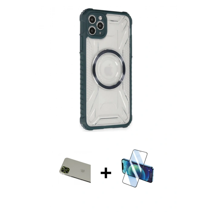 MARSİLYAN™- iPhone 11 Pro Max Kılıf Kutup Modern - Siyah 3D Antistatik Cam Ekran Koruyucu + Rainbow Kamera Lens Koruma Cam - YL