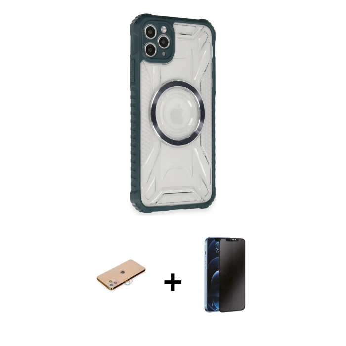 MARSİLYAN™- iPhone 11 Pro Max Kılıf Kutup Modern - Siyah 3D Antistatik Hayalet Cam Ekran Koruyucu + Renkli Kamera Lens Koruma Cam - PE