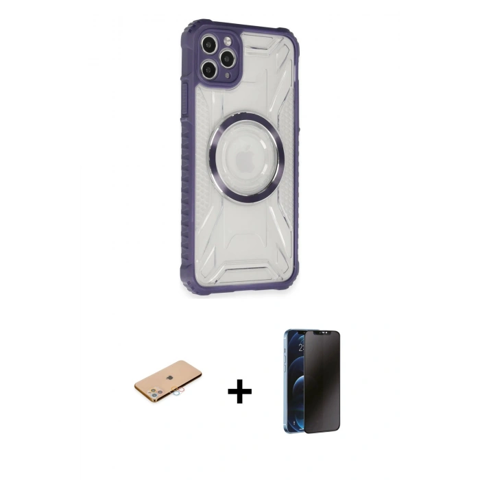 MARSİLYAN™- iPhone 11 Pro Max Kılıf Kutup Modern - Siyah 3D Antistatik Hayalet Cam Ekran Koruyucu + Renkli Kamera Lens Koruma Cam - PE