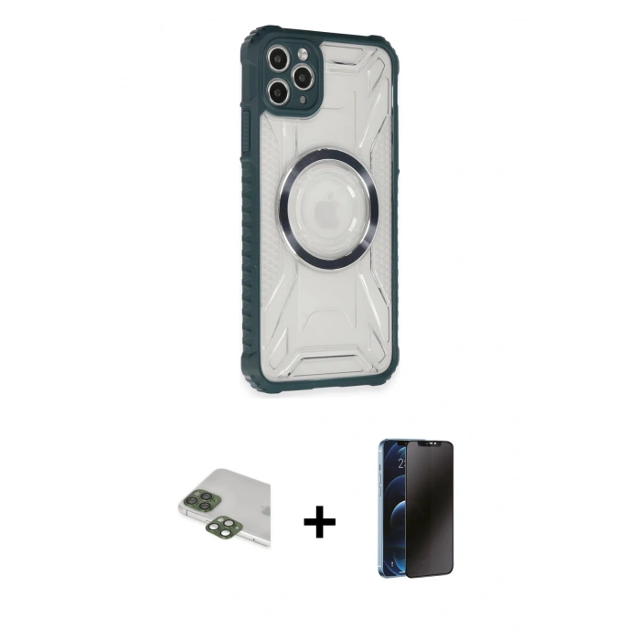 MARSİLYAN™- iPhone 11 Pro Max Kılıf Kutup Modern - Siyah 3D Antistatik Hayalet Cam Ekran Koruyucu + Pers Alüminyum Kamera Lens - YL