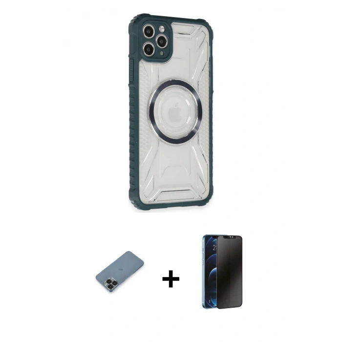 MARSİLYAN™- iPhone 11 Pro Max Kılıf Kutup Modern - Siyah 3D Antistatik Hayalet Cam Ekran Koruyucu + Metal Kamera Lens Koruma Cam - SH