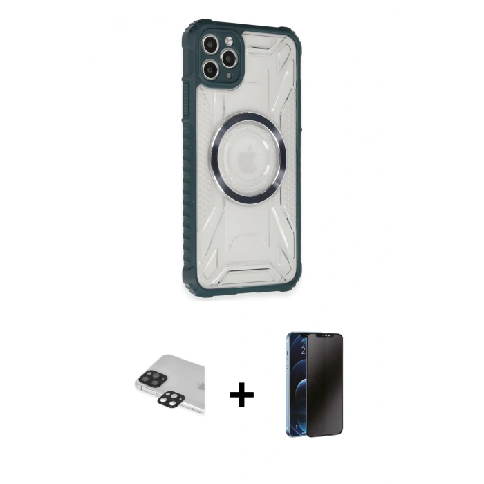 MARSİLYAN™- iPhone 11 Pro Max Kılıf Kutup Modern - Siyah 3D Antistatik Hayalet Cam Ekran Koruyucu + Pers Alüminyum Kamera Lens - SH