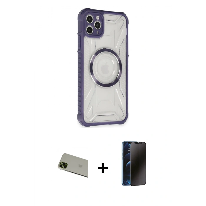 MARSİLYAN™- iPhone 11 Pro Max Kılıf Kutup Modern - Siyah 3D Antistatik Hayalet Cam Ekran Koruyucu + Rainbow Kamera Lens Koruma Cam - YL
