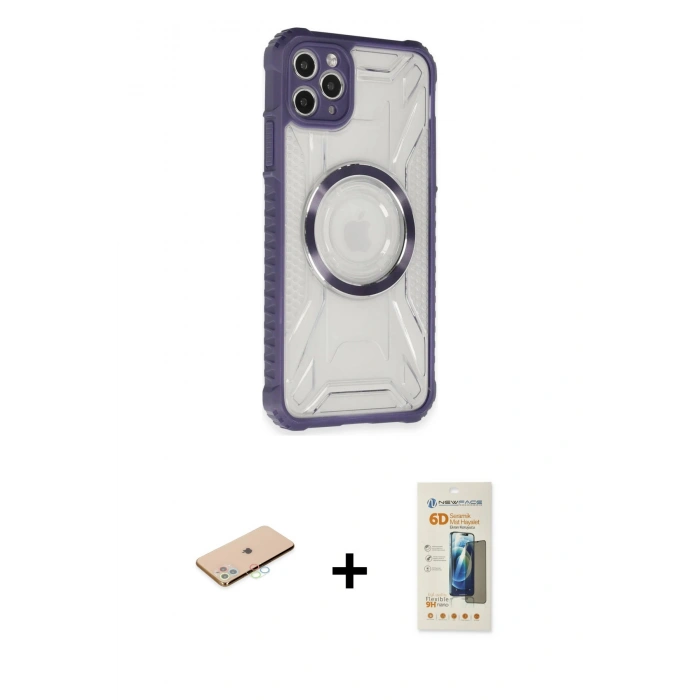 MARSİLYAN™- iPhone 11 Pro Max Kılıf Kutup Modern - Siyah 6D Mat Seramik Hayalet Nano Ekran Koruyucu + Mavi Renkli Kamera Lens Koruma Cam