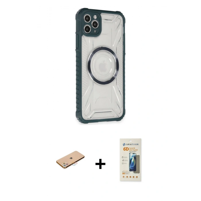 MARSİLYAN™- iPhone 11 Pro Max Kılıf Kutup Modern - Siyah 6D Mat Seramik Hayalet Nano Ekran Koruyucu + Renkli Kamera Lens Koruma Cam - PE