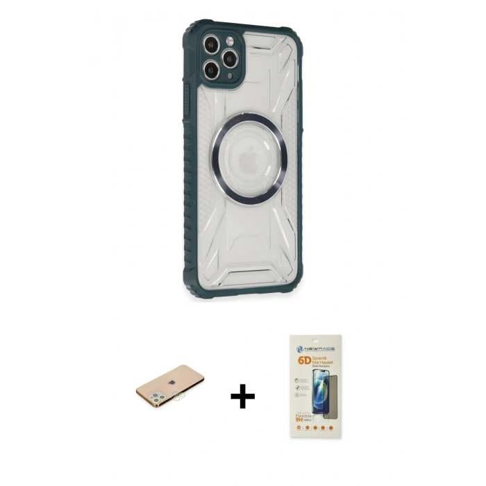 MARSİLYAN™- iPhone 11 Pro Max Kılıf Kutup Modern - Siyah 6D Mat Seramik Hayalet Nano Ekran Koruyucu + Yeşil Renkli Kamera Lens Koruma Cam