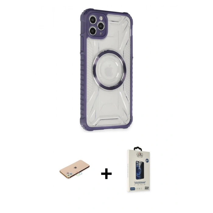 MARSİLYAN™- iPhone 11 Pro Max Kılıf Kutup Modern - Siyah Bilvis Hayalet Cam Ekran Koruyucu + Renkli Kamera Lens Koruma Cam - MI