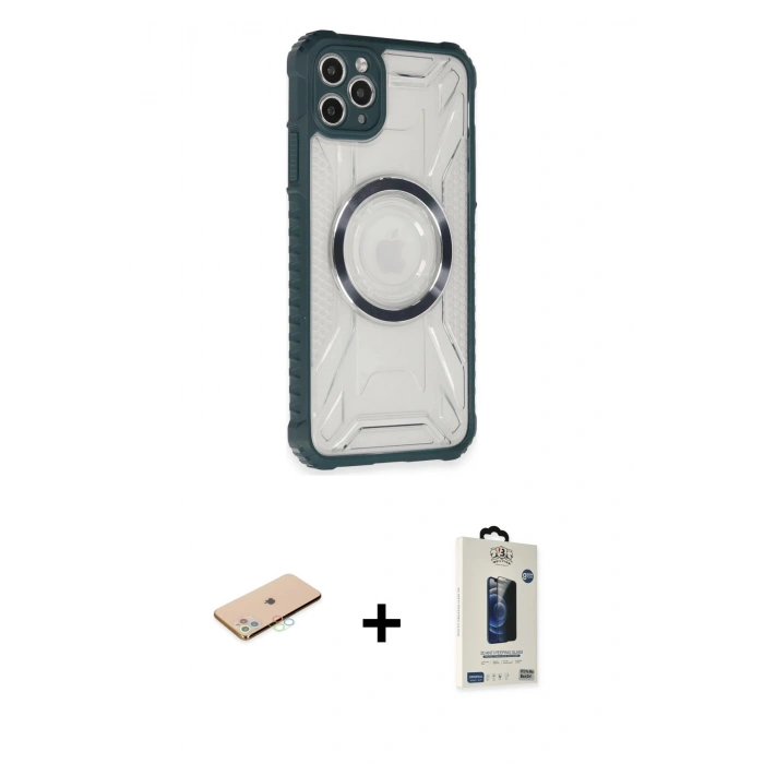 MARSİLYAN™- iPhone 11 Pro Max Kılıf Kutup Modern - Siyah Bilvis Hayalet Cam Ekran Koruyucu + Renkli Kamera Lens Koruma Cam - MI
