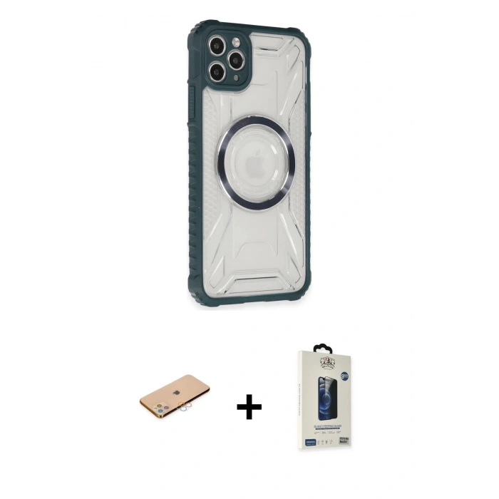 MARSİLYAN™- iPhone 11 Pro Max Kılıf Kutup Modern - Siyah Bilvis Hayalet Cam Ekran Koruyucu + Renkli Kamera Lens Koruma Cam - PE