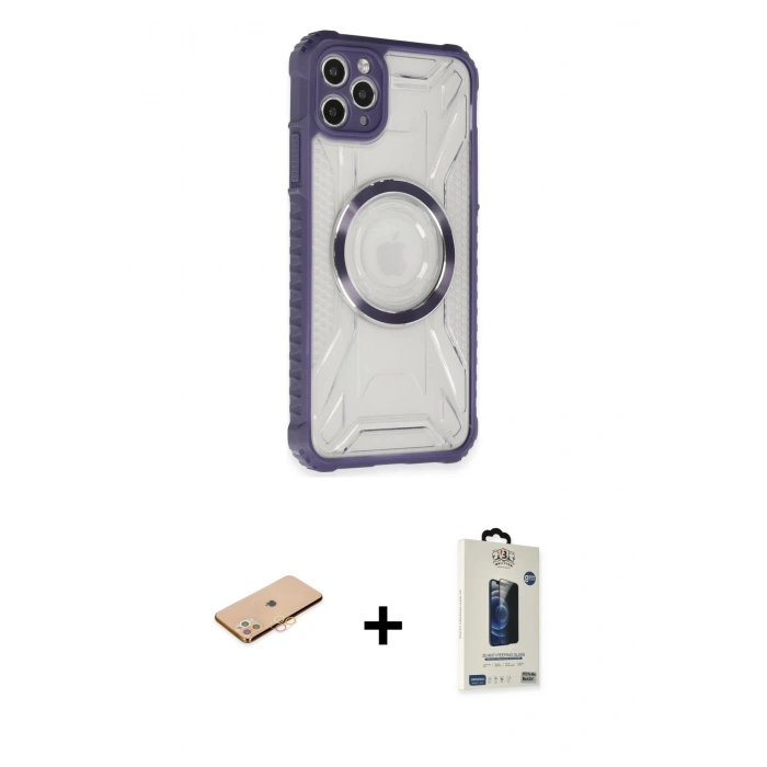 MARSİLYAN™- iPhone 11 Pro Max Kılıf Kutup Modern - Siyah Bilvis Hayalet Cam Ekran Koruyucu + Renkli Kamera Lens Koruma Cam - TU