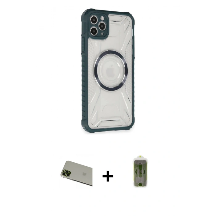 MARSİLYAN™- iPhone 11 Pro Max Kılıf Kutup Modern - Siyah Joko Magic 5D Hayalet Cam + Yeşil Rainbow Kamera Lens Koruma Cam