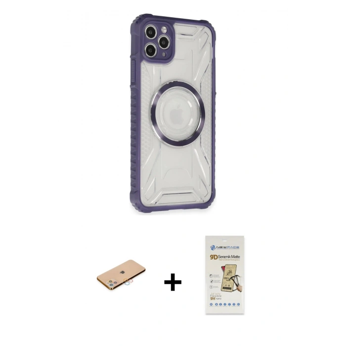 MARSİLYAN™- iPhone 11 Pro Max Kılıf Kutup Modern - Siyah Mat Seramik Nano Ekran Koruyucu + Pembe Renkli Kamera Lens Koruma Cam