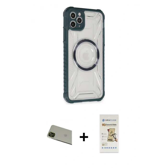MARSİLYAN™- iPhone 11 Pro Max Kılıf Kutup Modern - Siyah Mat Seramik Nano Ekran Koruyucu + Rainbow Kamera Lens Koruma Cam - YL
