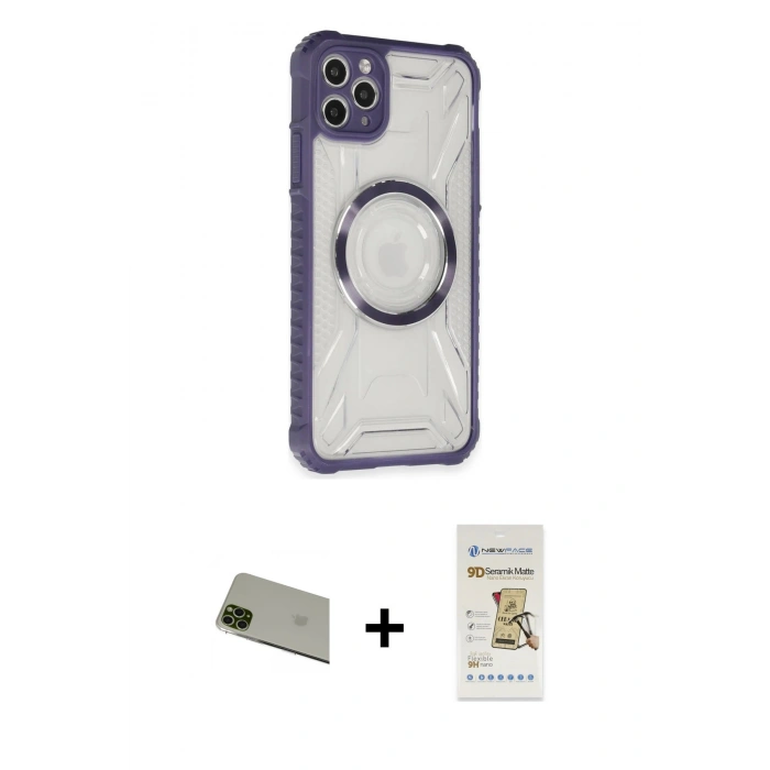 MARSİLYAN™- iPhone 11 Pro Max Kılıf Kutup Modern - Siyah Mat Seramik Nano Ekran Koruyucu + Rainbow Kamera Lens Koruma Cam - YL